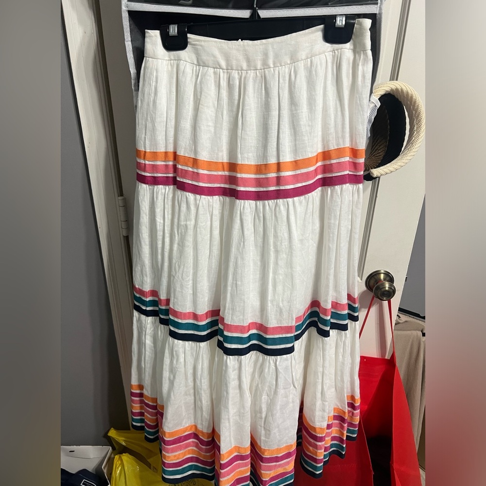 White and Pink Pleated Maxi Skirt A-Line Linen Skirt